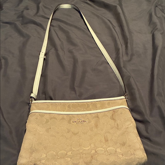 Coach Handbags - Coach Beige Signature Jacquard Crossbody with Ivory Trim